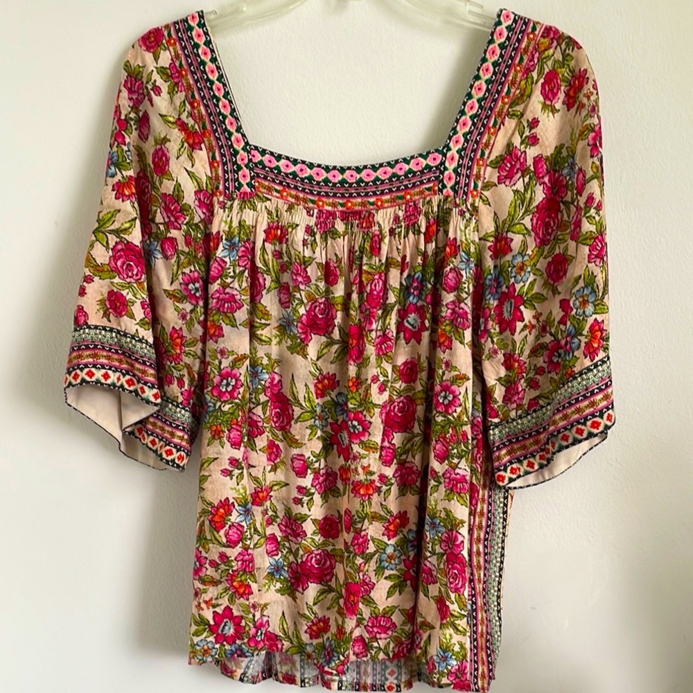 Anthropologie Red and Pink Smocked Tunic with 3/4 Sleeves